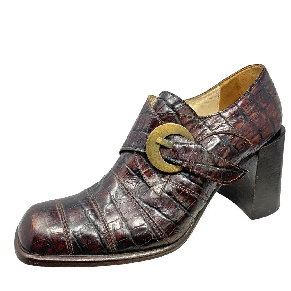 IXOS Reptile Embossed Italian Leather Monk Strap Chunky Heels‎